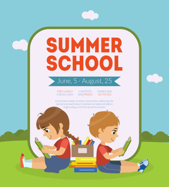 Summer School Banner Template with Cute Boy and Girl Sitting on Lawn and Reading Books Vector Illustration, Web Design.
